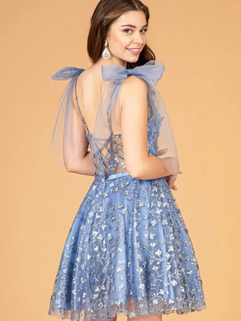 NEW SMOKY BLUE Lace & Sequin Spaghetti Strap Cocktail Dress Embellished GS3088